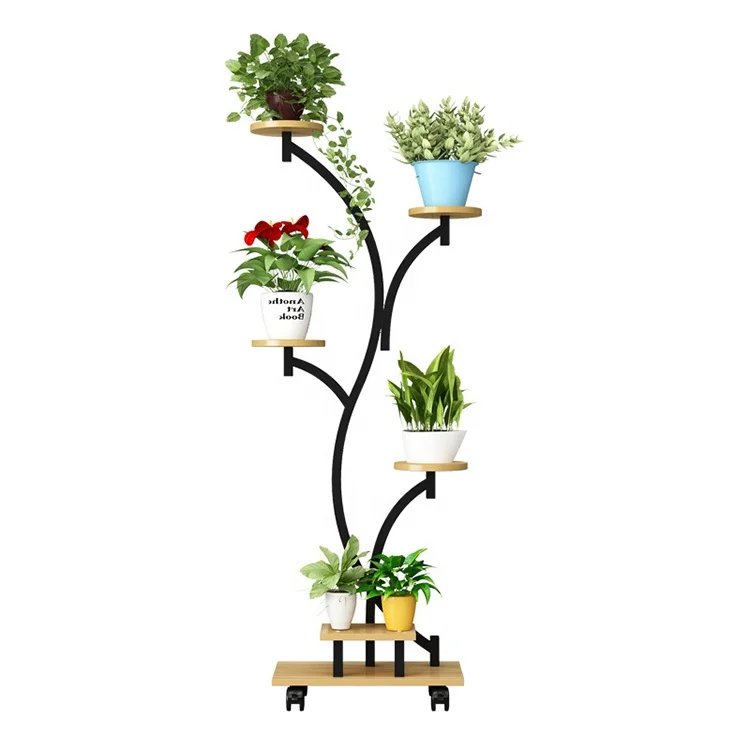 Wholesale modern stainless steel pipe wooden board living room wood tall plant holder flower stand designs