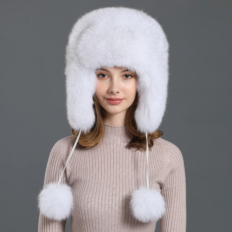 Silver fox fur hat female winter trooper genuine fur hat women luxury red fox fur hat thick warm