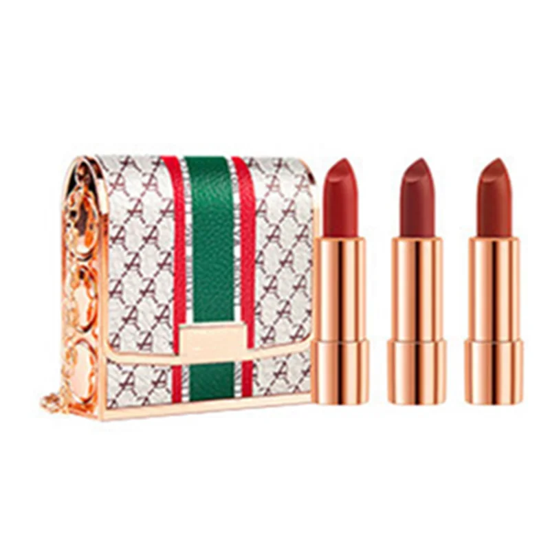hit color leather bag shape lipstick gift box three colors long-lasting makeup private label waterproof velvet lipstick