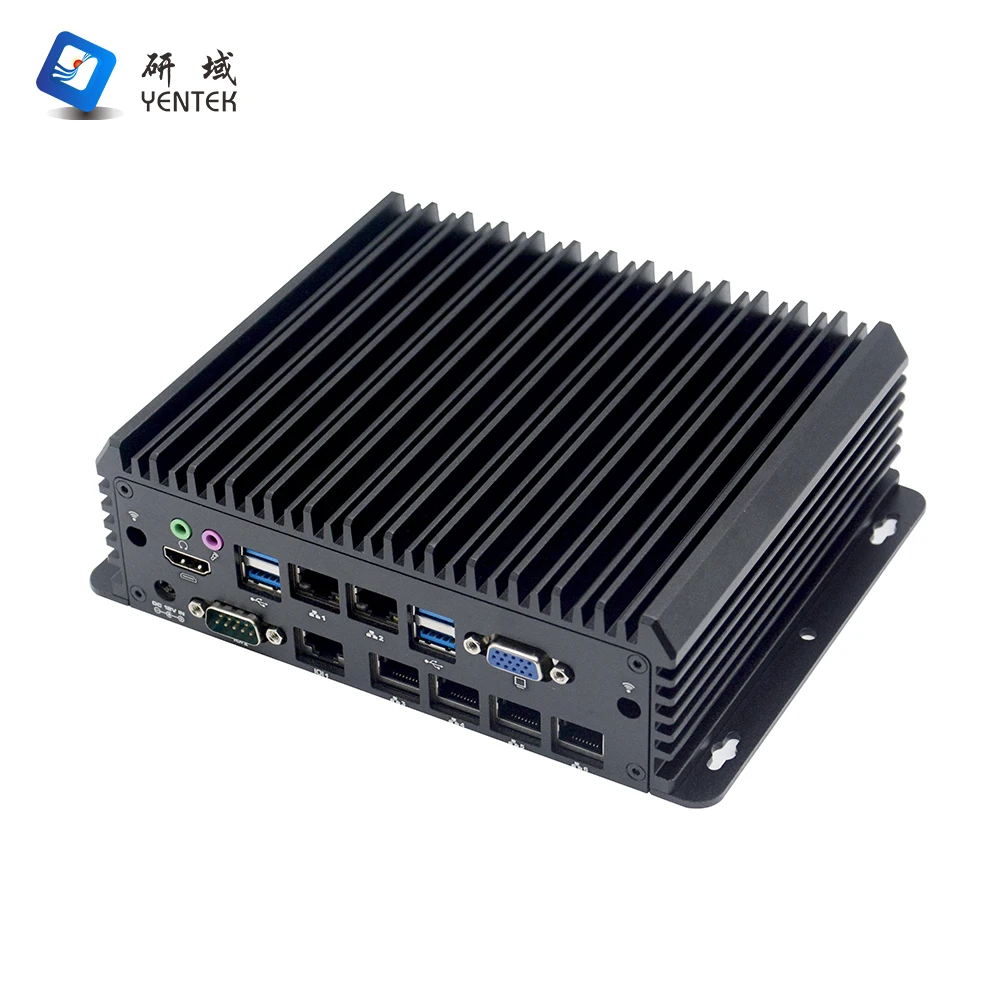 Factory industrial pc fanless intel CPU HD VGA 6 RJ45 6 USB DC 12V RS232 485 DB9 COM embedded industrial computer linux