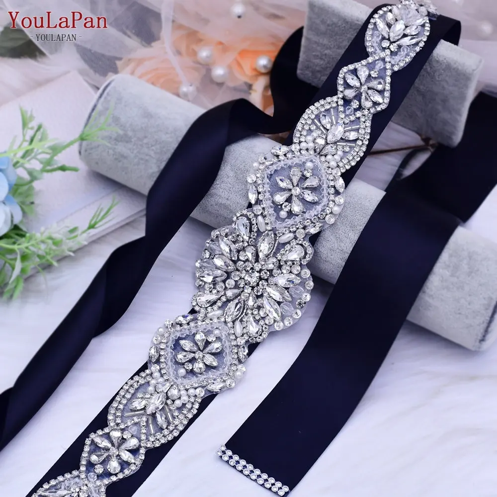 YouLaPan S433 European and American Popular Wedding Belt Silver Rhinestone Crystal Applique Waist Decoration Bridal Ribbon Belt