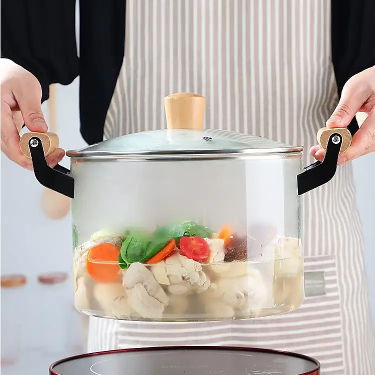 2022 Factory Price Wholesale Heat-resisting New Cookware Clear High Borosilicate Glass Cooking Pot With Wooden Handle Saucepan