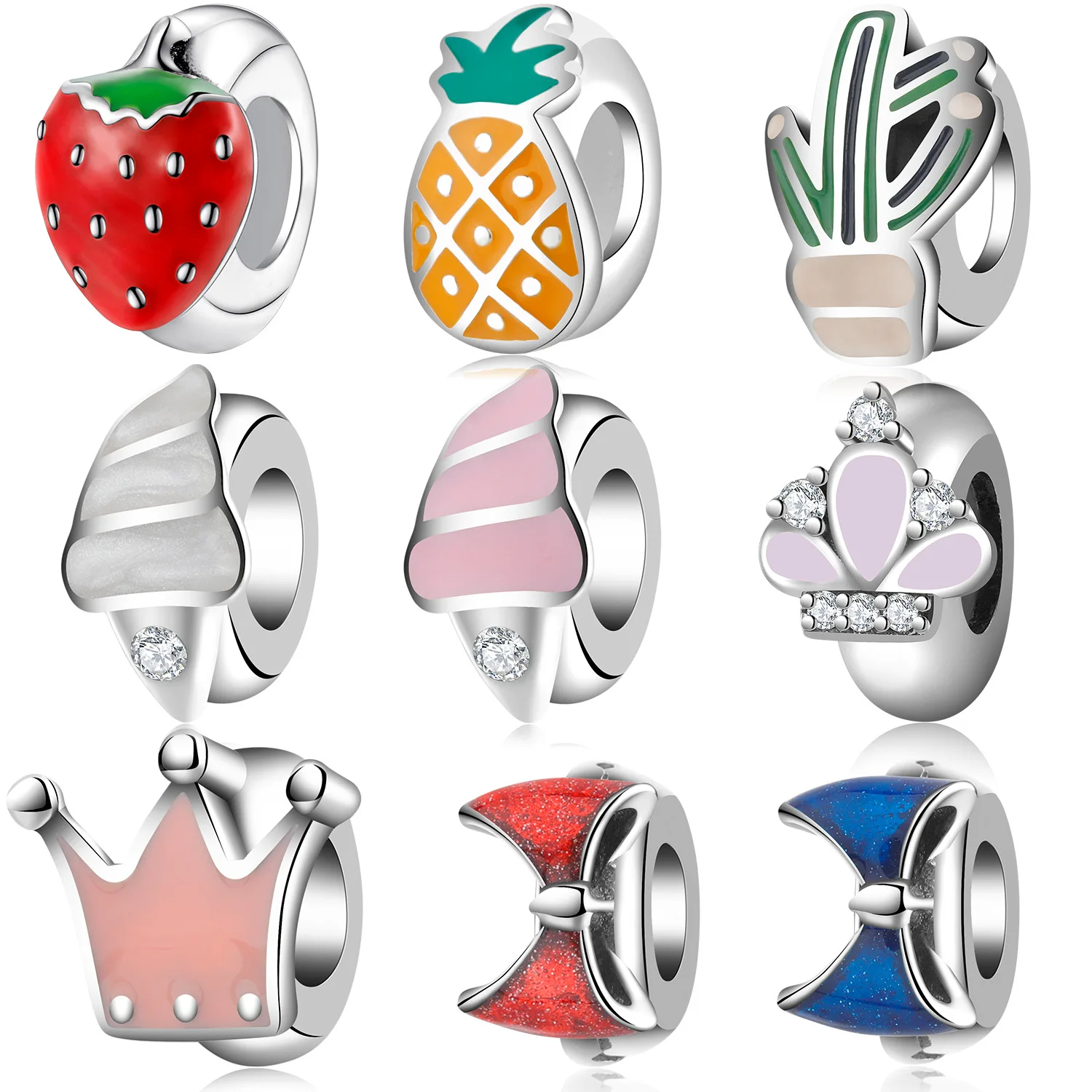 S925 Sterling Silver Drop glue beaded Strawberry pineapple ice Cream String bracelet diy accessory beads