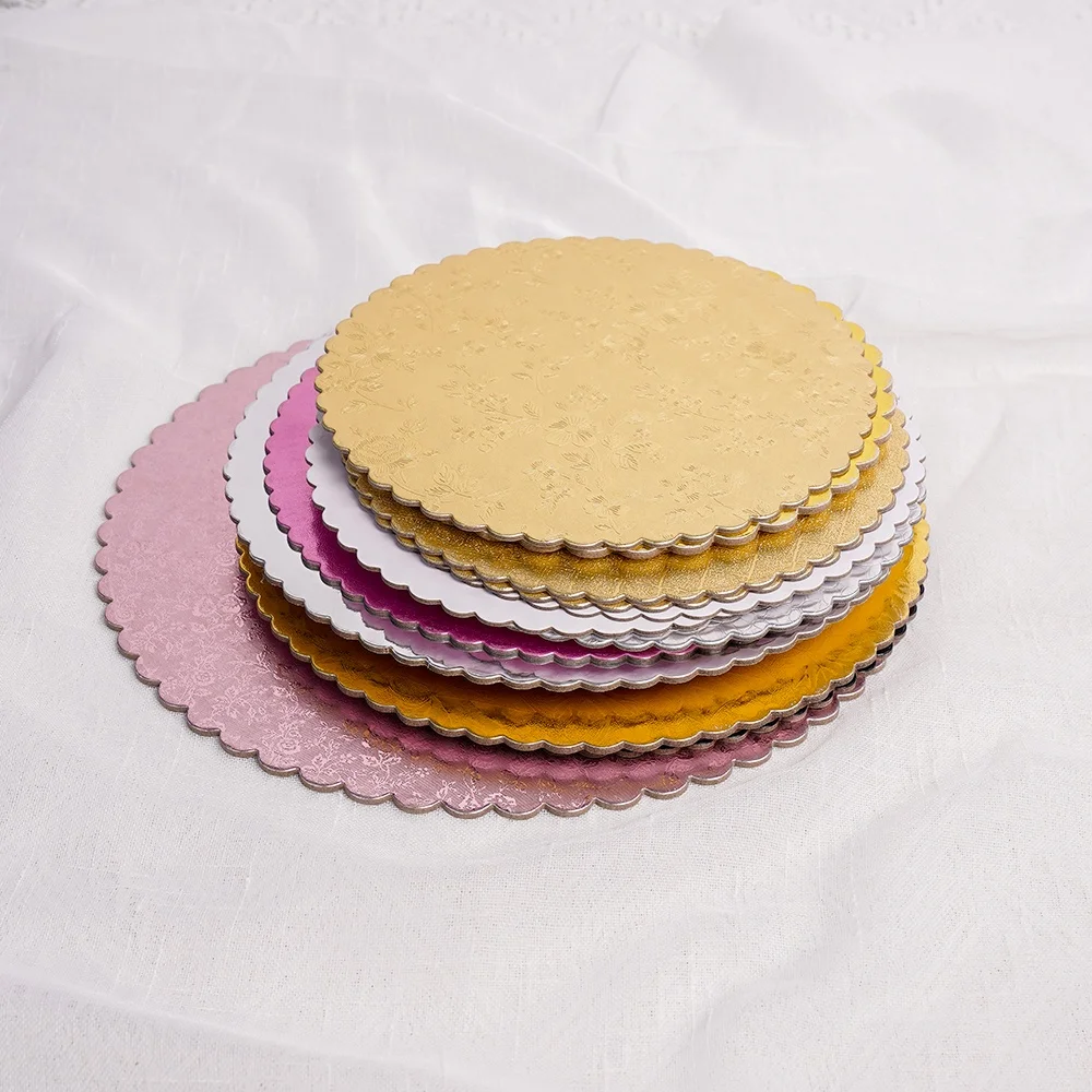 Cake Pad Flat Paper Plate Tray 8 10 12 14 inch Bakery Round Golden Scalloped Edge Waterproof Quality Good Cake Board