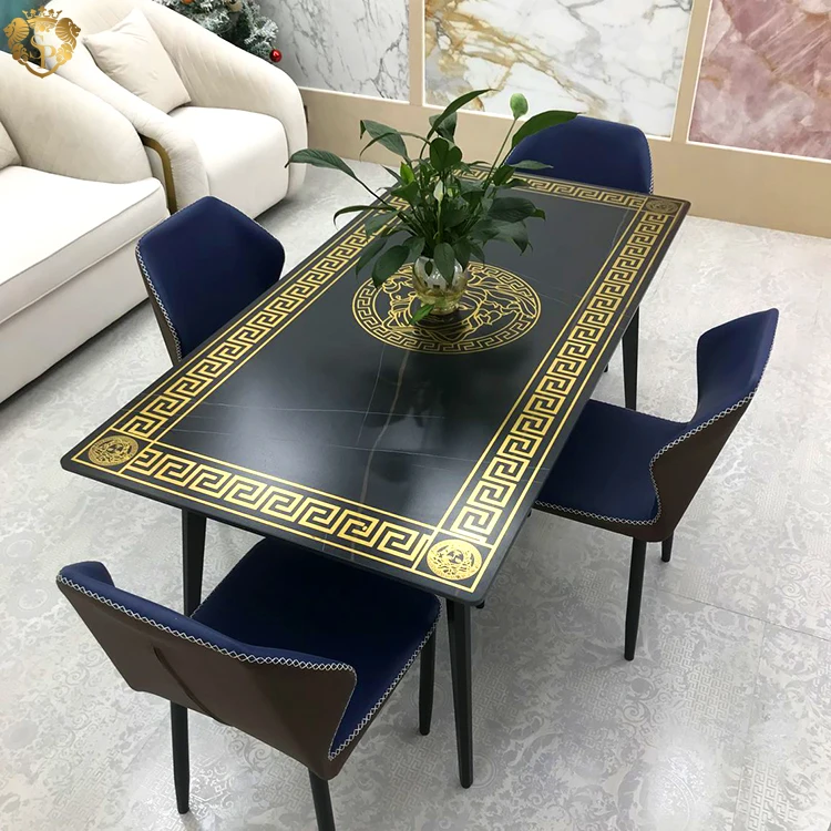 Extra large classic ornate black dining set tables slab 1800x900 top italian square gold luxury dining table set with 6 chairs