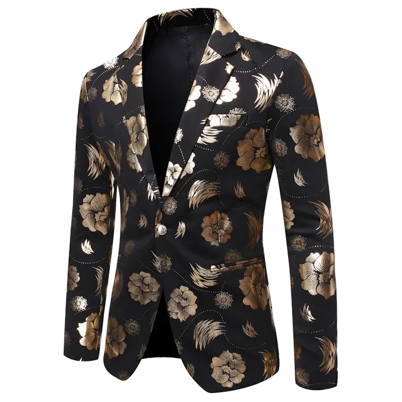Suits and Blazer For Men Luxury Gold Print Flower Formal Slim Fit Single Button Mens Party Clothes Business Suit Jacket