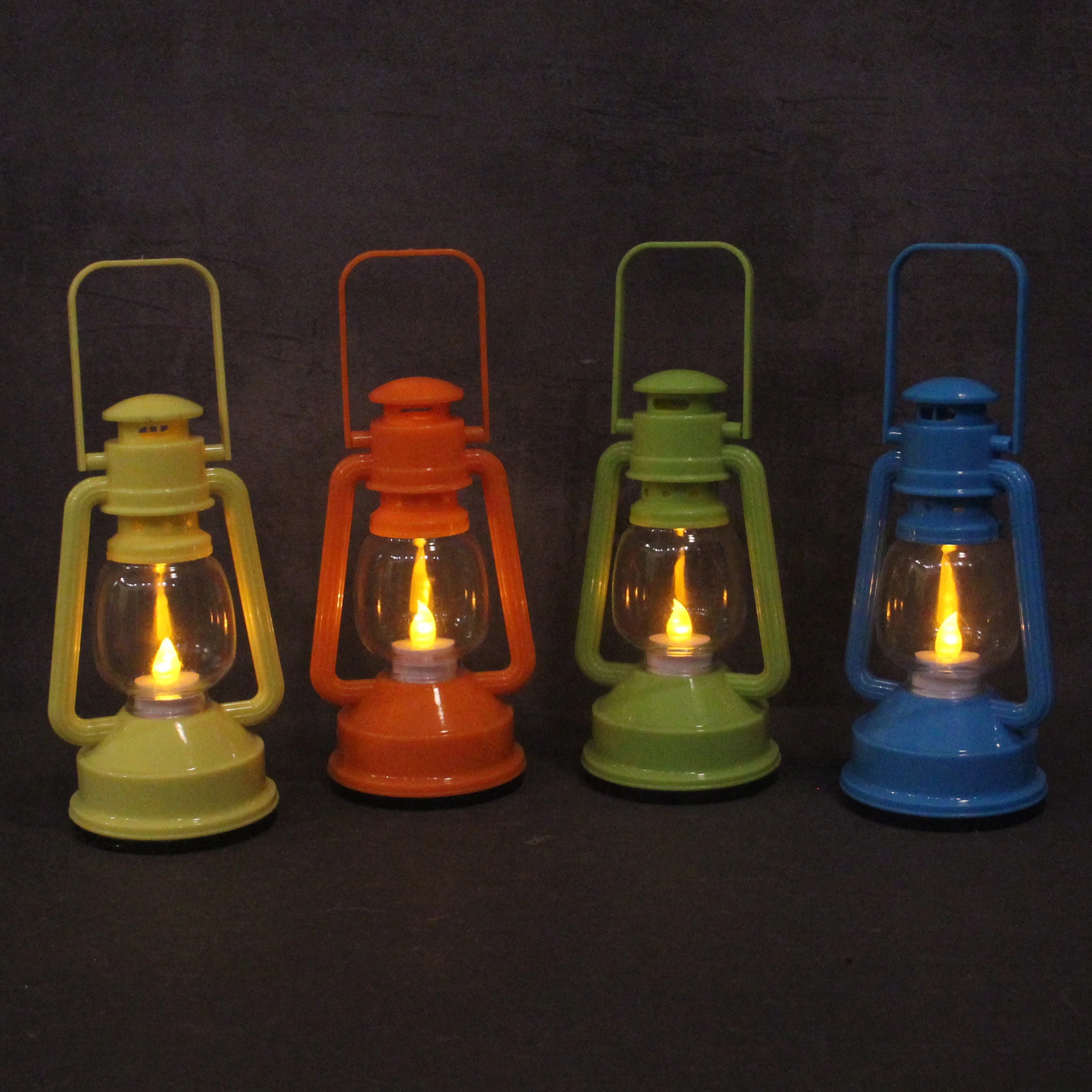 COLORFUL PLASTIC TINY HANGING OIL LANTERN, WITH LED TEA LIGHT INSIDE, BATTERY OPERATED