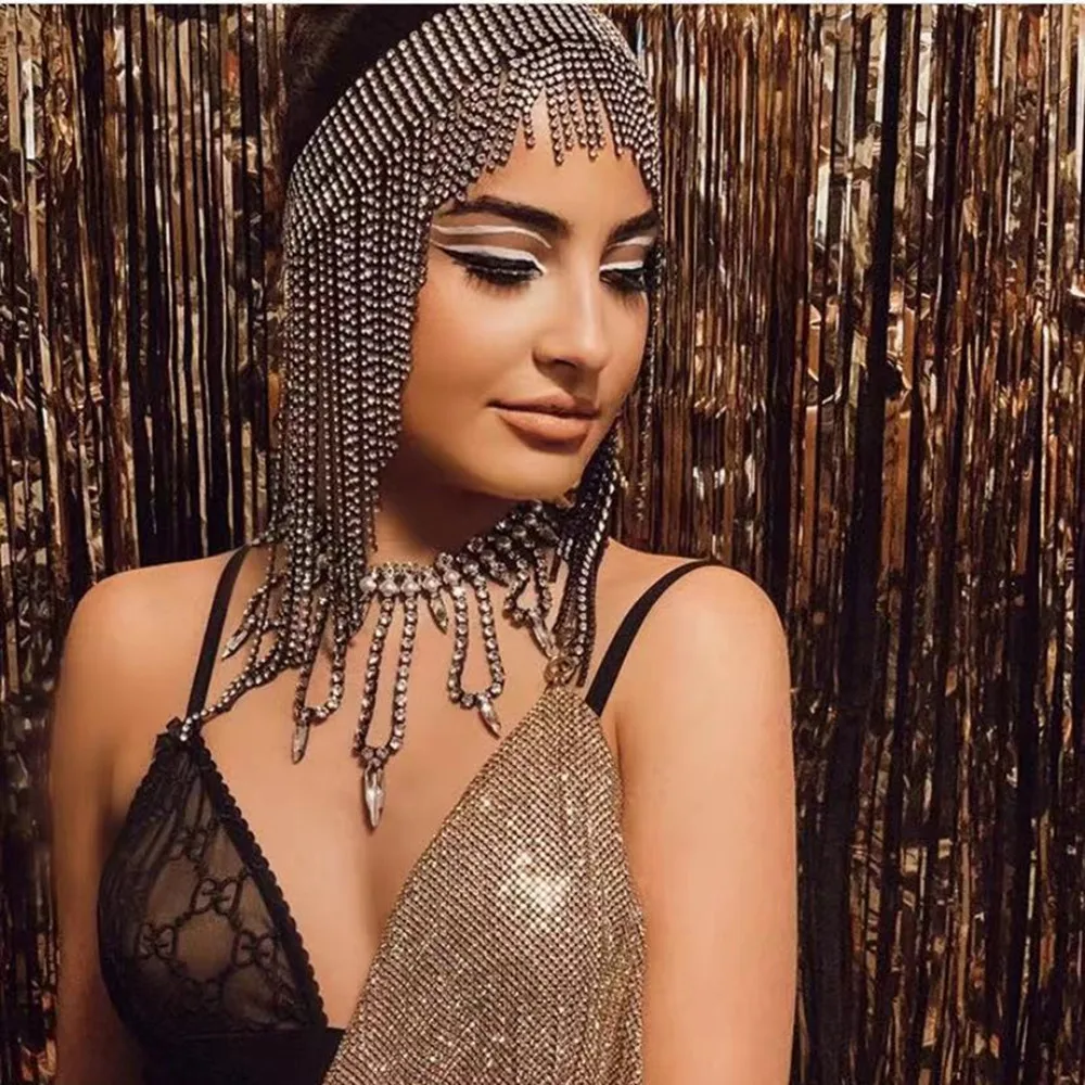 Luxury Rhinestone Long Tassel Head Chian Jewelry Headpiece for Women Party Gift Bling Crystal Headband Hair Chians Accessories
