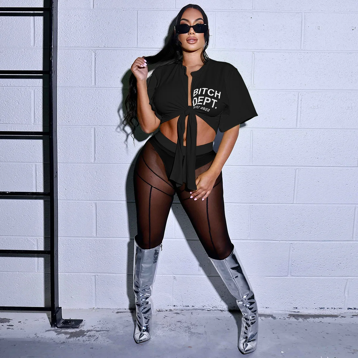 Sharee Dropshipping Y2k Street Clothing Bandage 2 Pieces Crop Tops And Mesh Pants Set Sexy Two Piece Pants Set