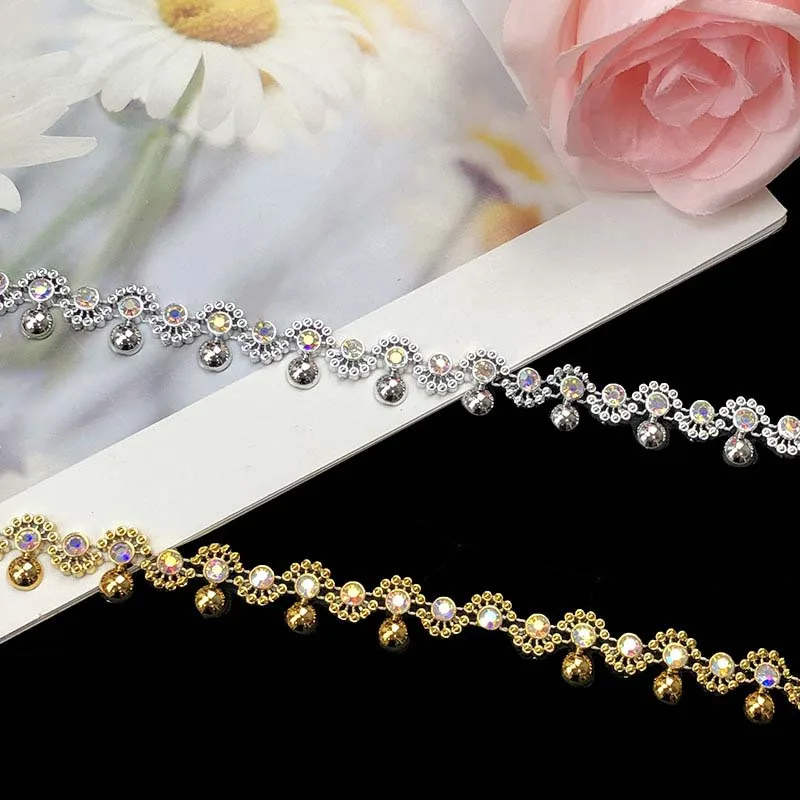 gold silver acrylic rhinestone plastic trims diy ethnic garment costume decorative crystal stone chain wedding dress lace fabric