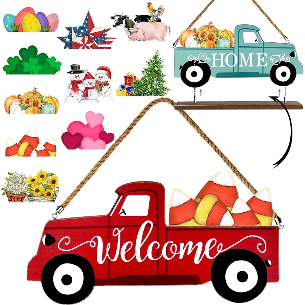 Hot sale customize Interchangeable Seasonal Icons Farmhouse Wall hanging Christmas wooden Welcome Sign