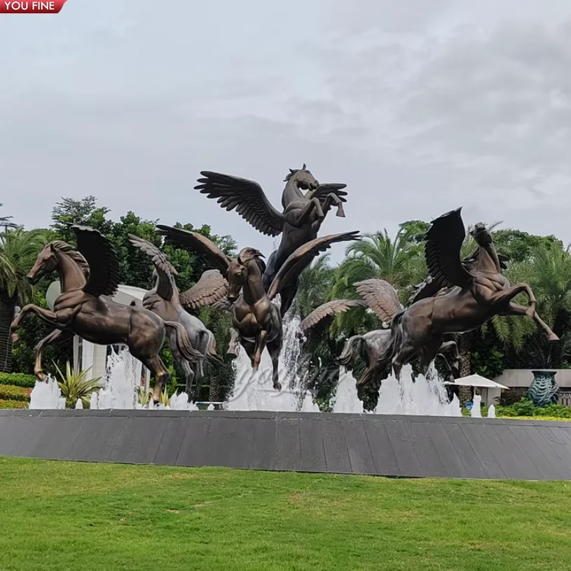 International Hotel Landscape Art Outdoor Bronze Flying Horse Statue Water Fountain