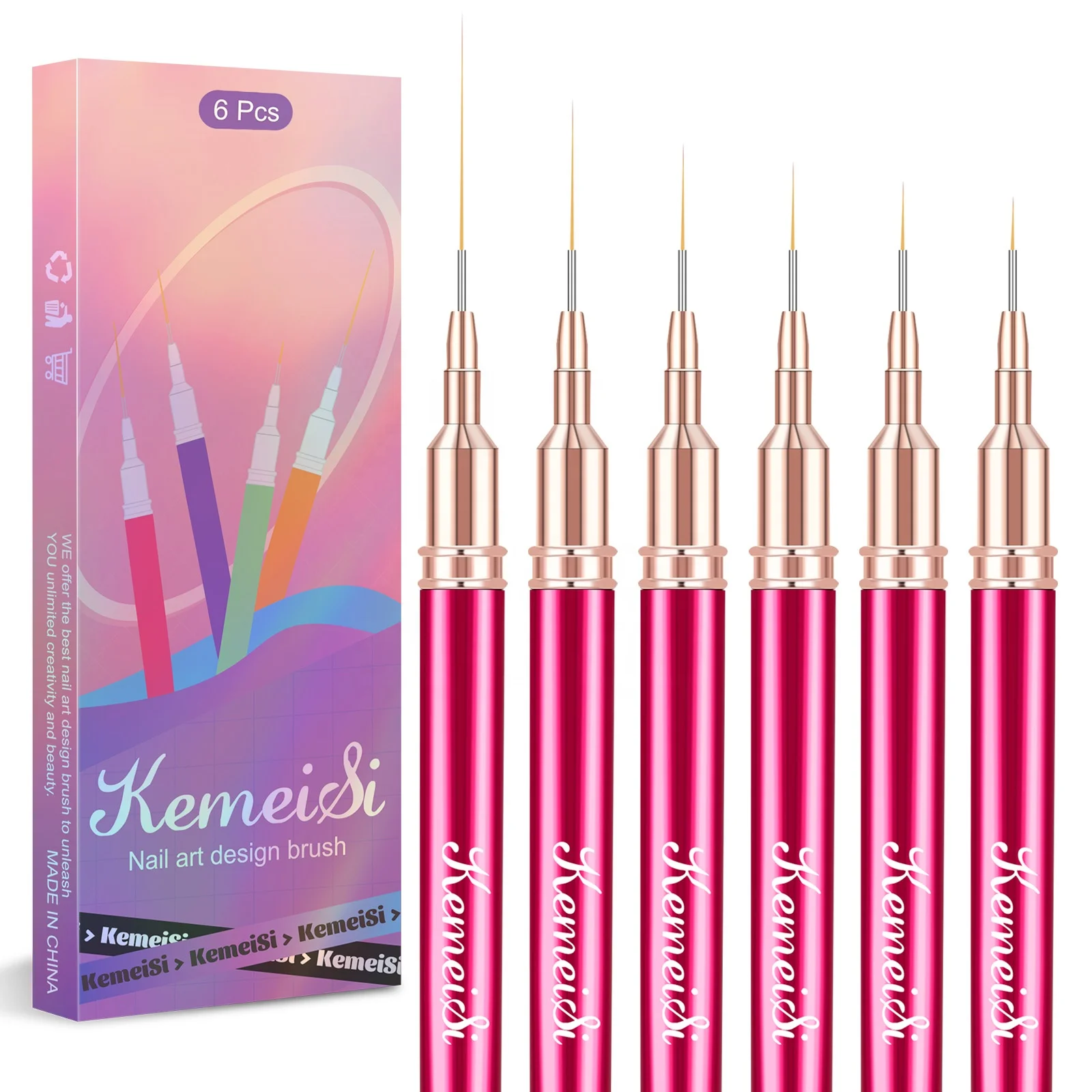 Kemeisi 6Pcs Nail Art Design Brush Gel Polish Fine Drawing Small Details Stripping Nail Painting Pens Nail Art Liner Brushes Set