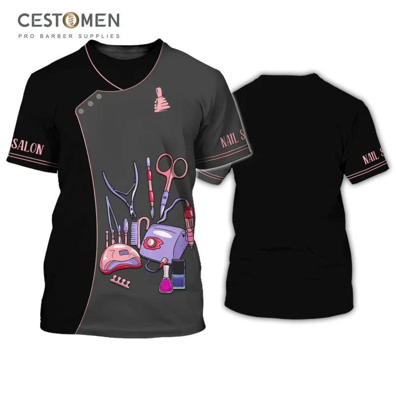 CESTOMEN Low MOQ с логотипом на заказ 3D печать ногтей технологичная униформа халат для парикмахерской маникюрный салон футболка стилист