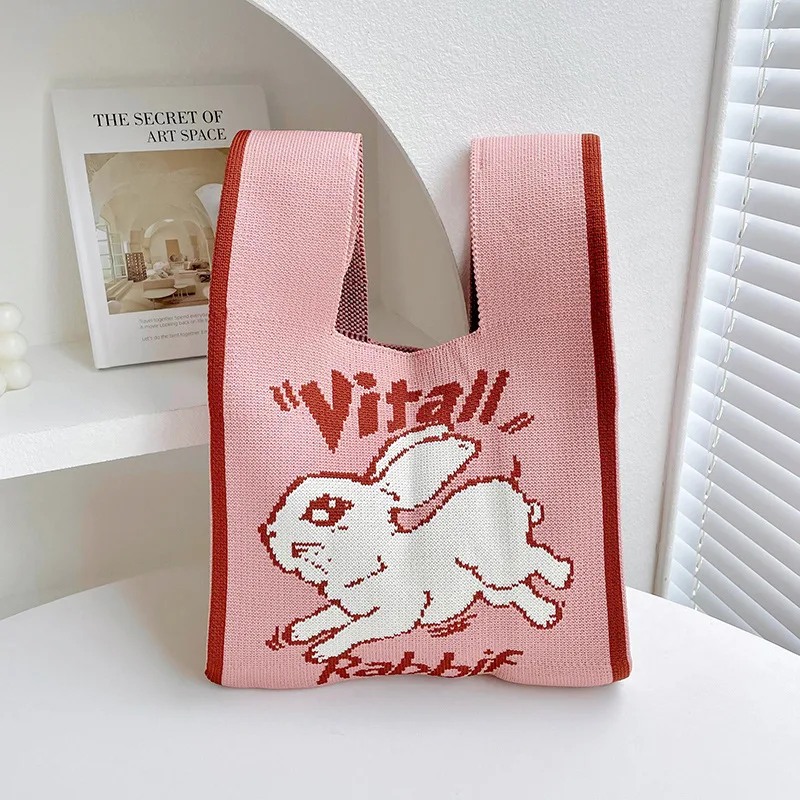 Brand Design Cute Rabbit Pattern Knitting Fabric Handbag Eco Small Shopping Bag Wool Crochet Tote Hand Bags for Women