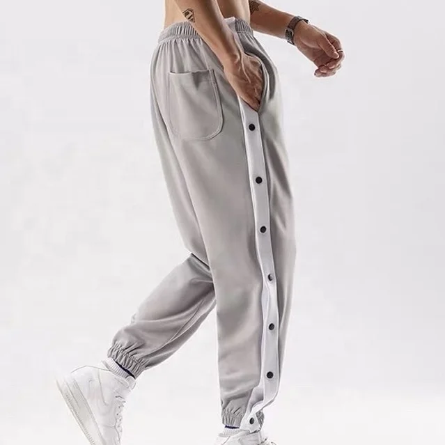 2021 Mid Waist Panel Jogger Basketball Pants Full Length Black Stripe Split Mens Street Hip Hop Side Buttons Close Sweatpants