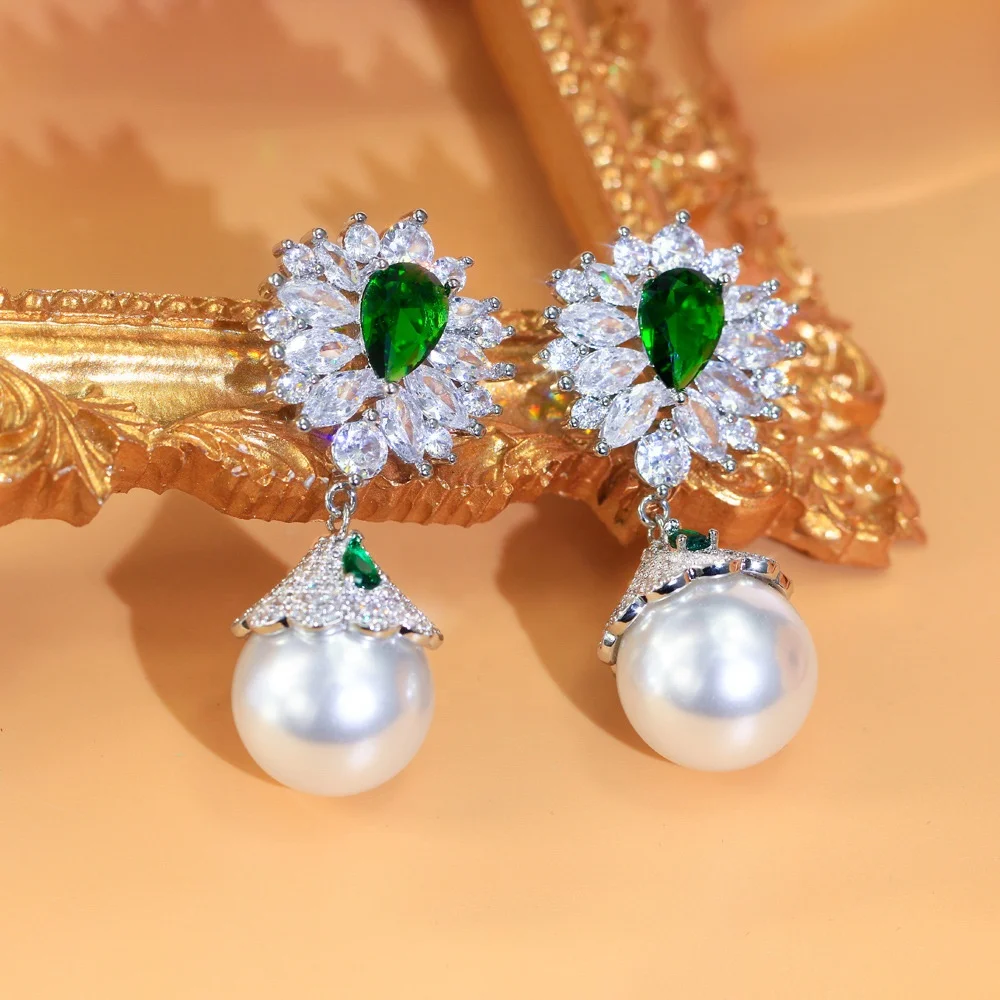 S925 Silver Needle French Light Luxury Style Retro Full Diamond Flower Pearl Earrings Sparkling Emerald Zirconia Earrings