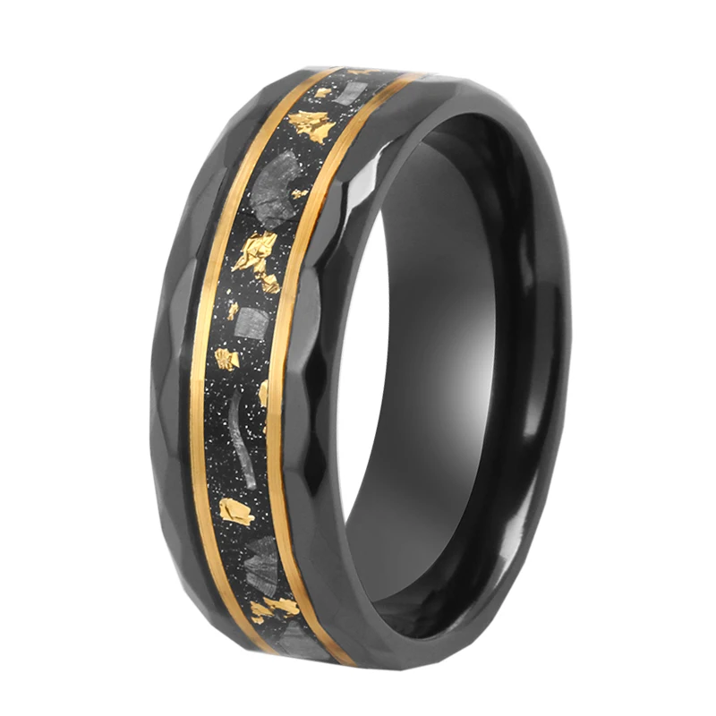 8mm genuine curshed meteorite gold foil inlay black faceted tungsten carbide ring