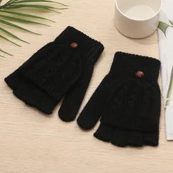 Convertible Fingerless Mittens Jacquard Half Finger Flip Winter Warm Wool Knitted Gloves For Women