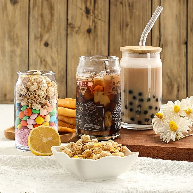 New style 16 oz beer can glass with bamboo cover and glass straw used for Ice coffee cup lovely smoothies boba tea whisky water
