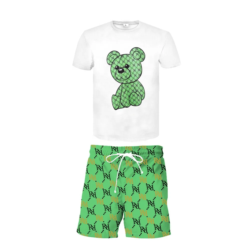 2022 summer Fashion bear Print short Men Clothing two pieces Casual short sets 2 piece suit  t shirt and shorts  4xl plus size