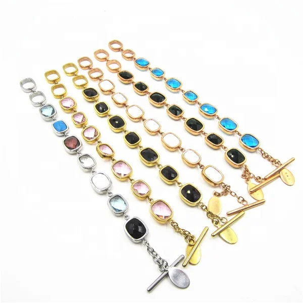 fixed price wholesale Gold plated stainless steel bulk charm opal bracelets with pink glass stone women accessories china
