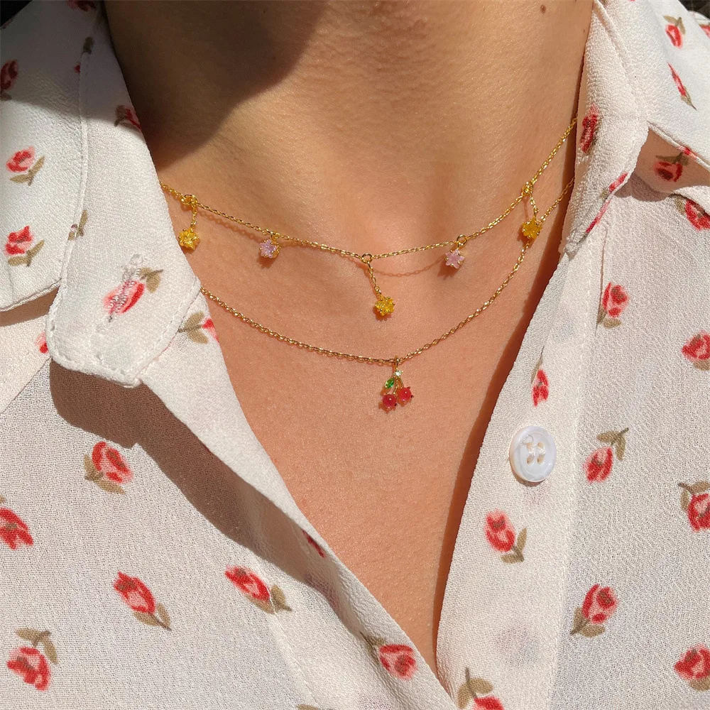 Hot cherry peach tropical fruit pendant jewelry fashion ladies color zirconium necklace