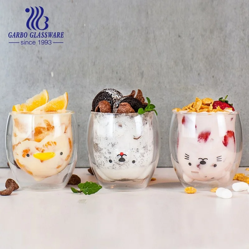 Cute animal shape double wall glass coffee cups with nice decals cat dog chicken designs milk shake glass cups double wall cups