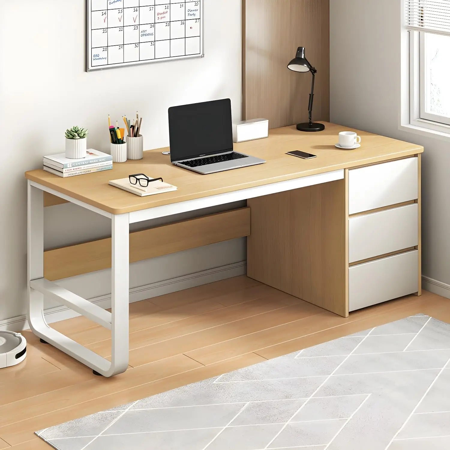 Living Room Bedroom Office Desk Modern Wood Office Desk, Modern Computer Desk with Metal Sled Base and 3 Drawers