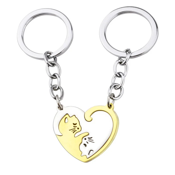 Fashion hot sale romantic creative key chain jewelry stainless steel heart shape couple lover cat stitching keychain for lovers