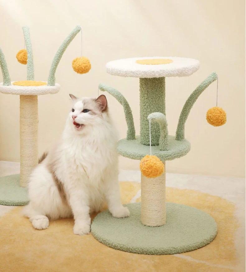 Pawise Safety Durable Cat Flower Scratching Post Wood Cat Scratch Play House With Sisal Rope Cat Tree Tower For Indoor Playing