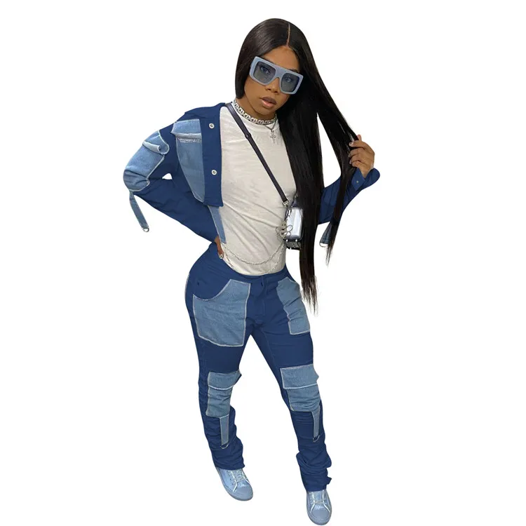 
vetement-femme Plastic stacked pants set stacking pants casual crop top personality denim pocket woman stack boby suits 