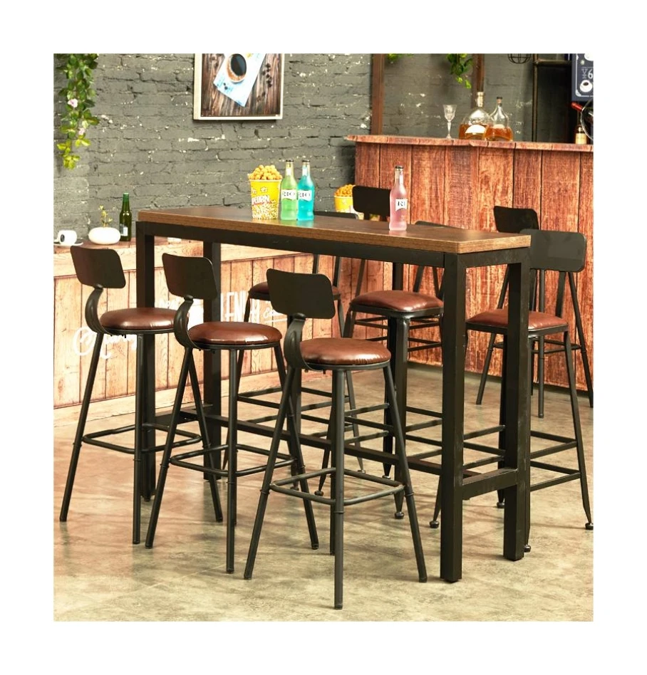 Luxury Solid Wood bar Table bar Coffee Shop High Leg Table and Chair Combination Milk Tea Shop Long Table Against the Wall