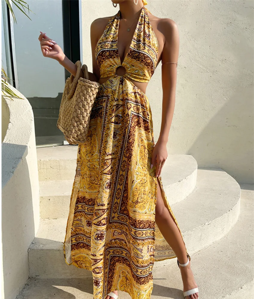 Custom Print Sexy V-Neck Backless Sleeveless Beach Floral Bohemian Dresses Ladies Summer Women Casual Maxi Dress