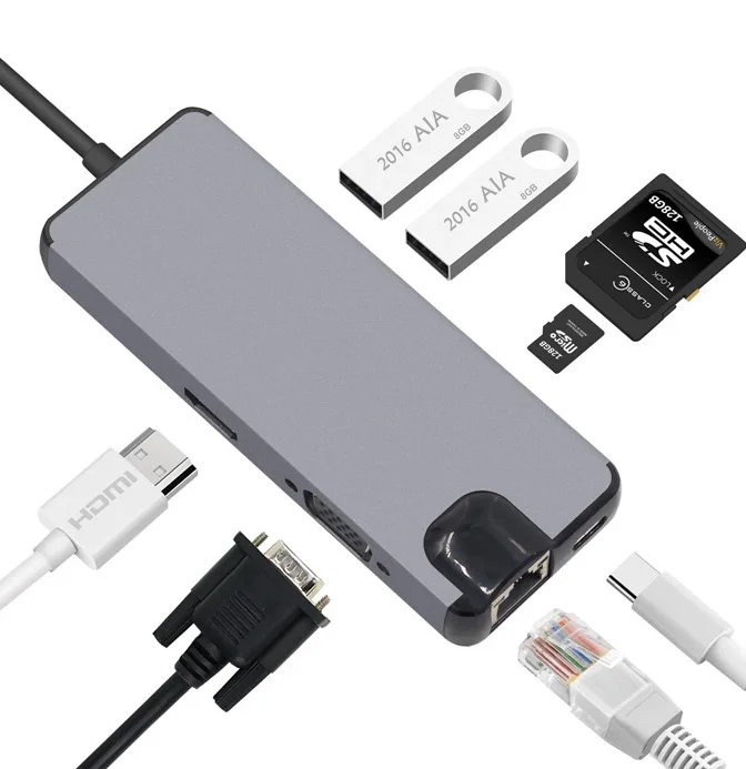  USB-концентратор ILINK 8 в 1 USB type-C RJ45 Gigabit Ethernet PD-зарядка + HD-MI VGA 2 * 3 0 устройство для чтения