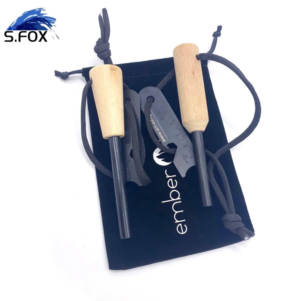 Fire Flint Steel Striker Campfire Pocket Bellows Fire Starter Wood Handle Flint Ribbon Bag