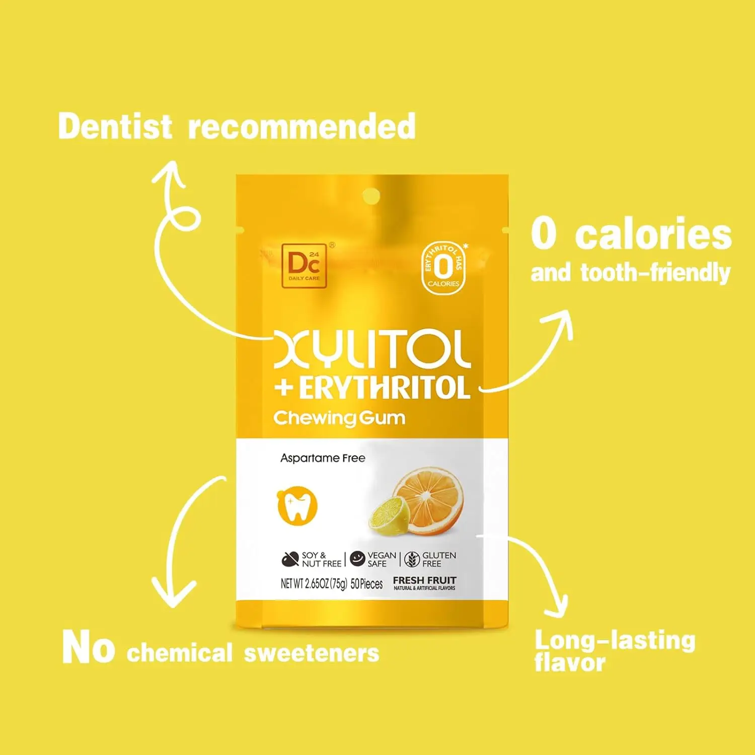 Dc24 Daily Care Erythritol Xylitol Sugar Free Vegan 75g One Pouch Fresh Fruit Flavor Chewing Gum
