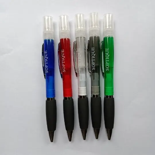 Hot selling small moq customized eco-friendly plastic ball pen with alcohol sanitize spray for promotion and advertising