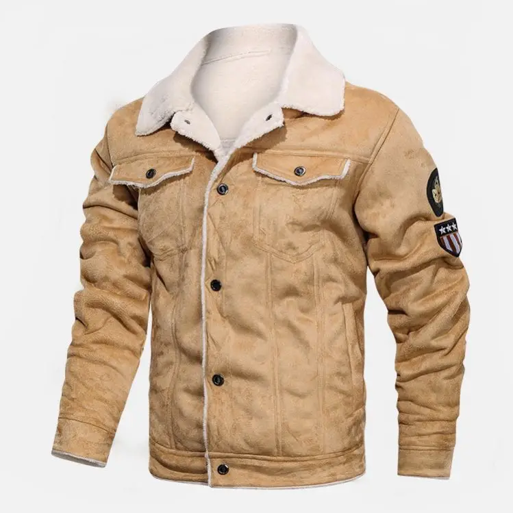 Hot Selling Product Khaki Winter Fur Lined Suede Jacket Man Motorcycle Faux Leather Jacket