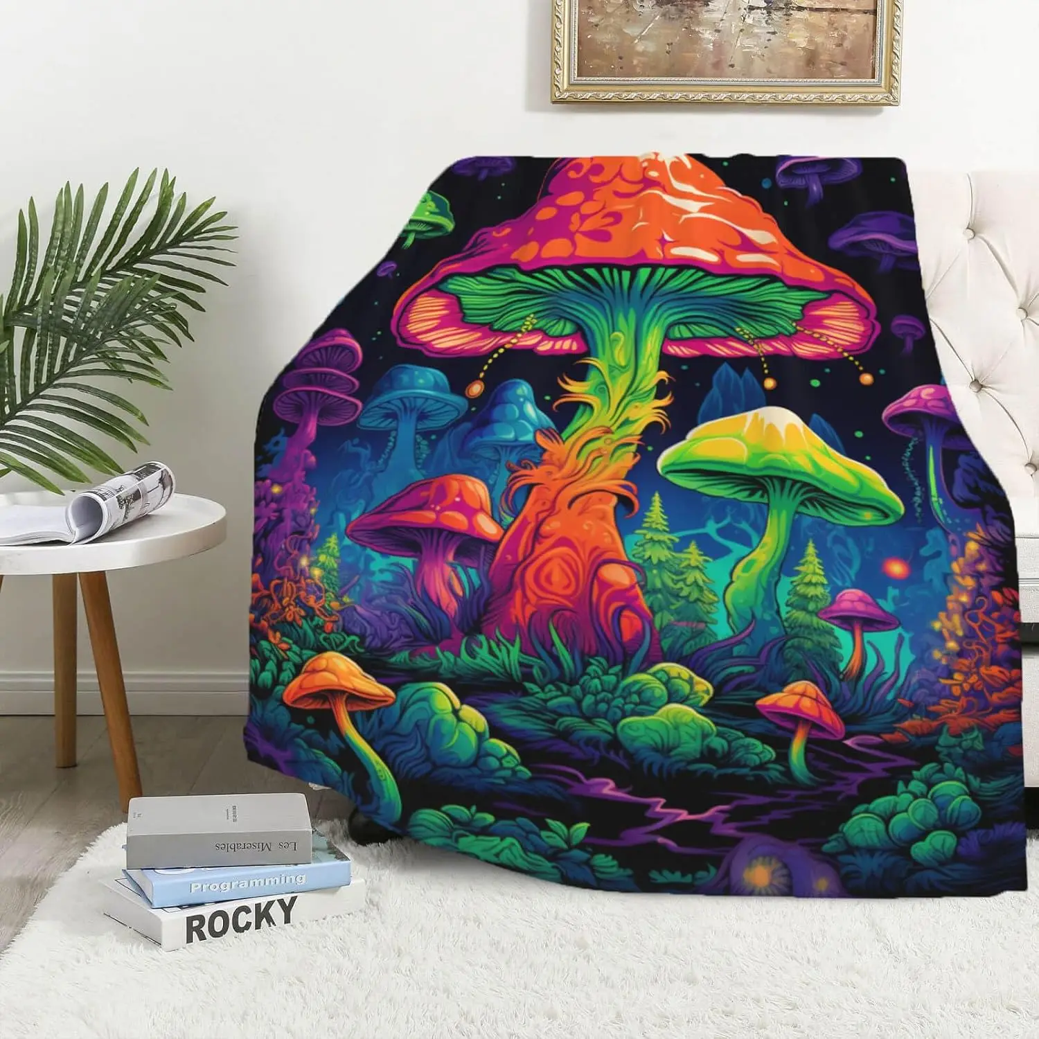 Custom Neon Mushroom in Dark Forest Hippie  flannel fleece Throw Blanket for Sofa Couch