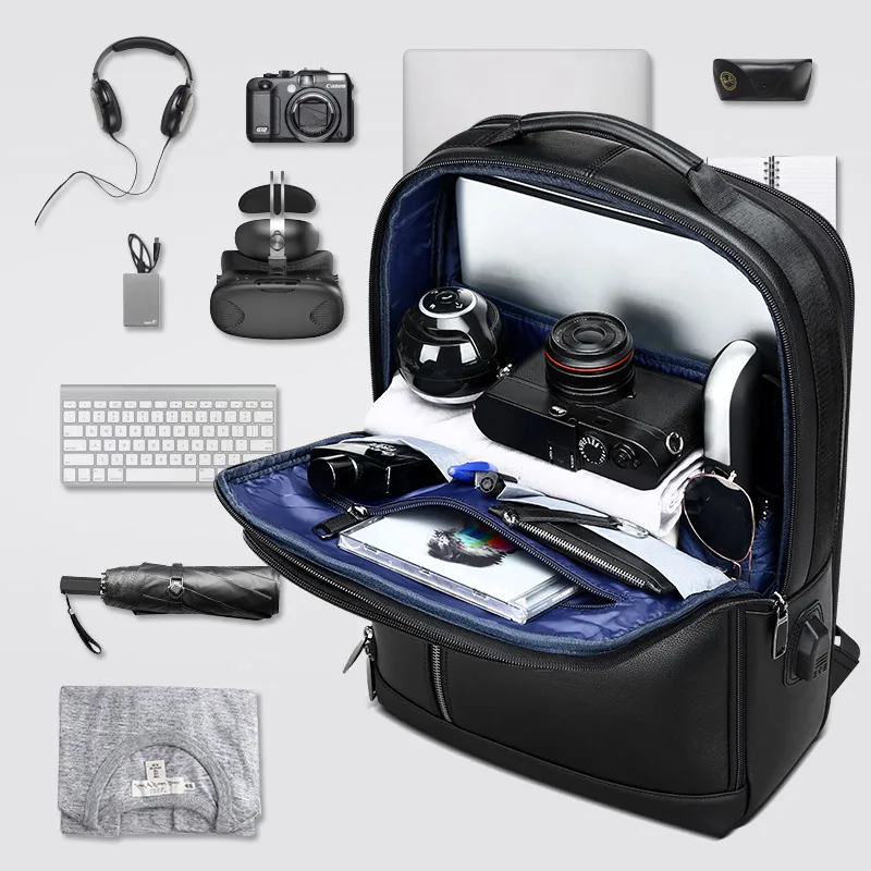 BOPAI Men Business 15.6 Laptop Bag Custom Luxury Cow Anti Theft Expandable Back Pack USB Charging Real Genuine Leather Backpack