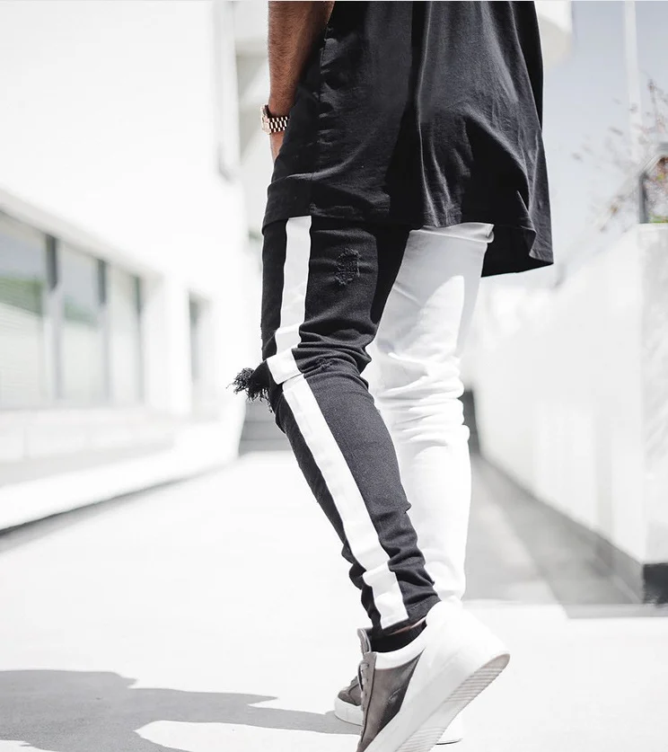Fashion two tone slim fit distressed hip hop pants high street stretch skinny ripped custom denim jeans for men