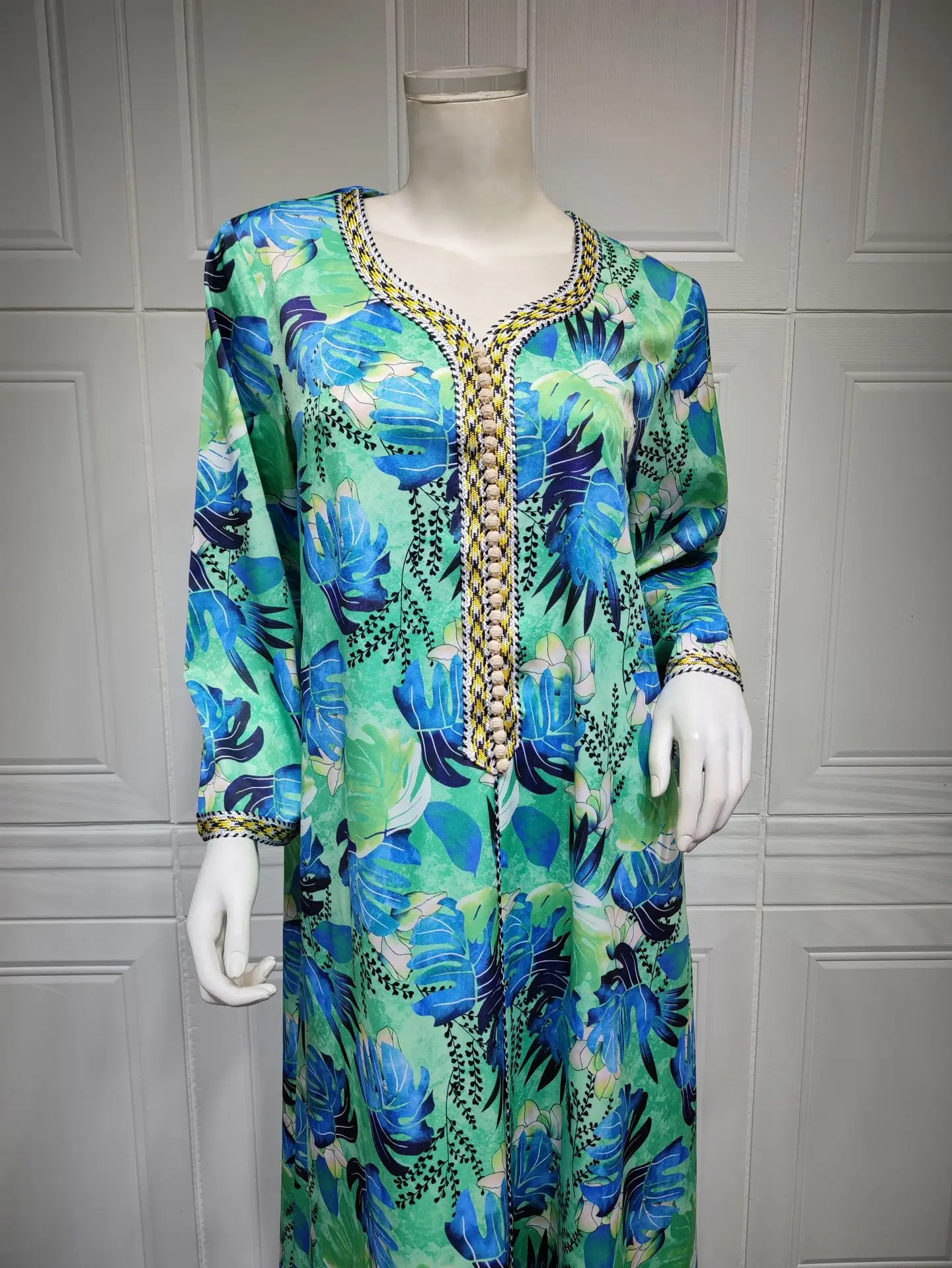 Summer Fashion Arabic Dress Abaya Printing Long Sleeves V Neck Patchwork Buttons Elegant Dubai Robe Party Maxi Dresses