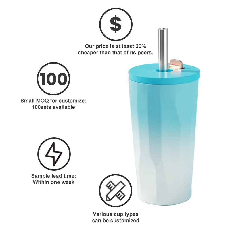 Customized gradient color outdoor sport vacuum flasks thermoses stainless steel hot water bottle drinkware with straw