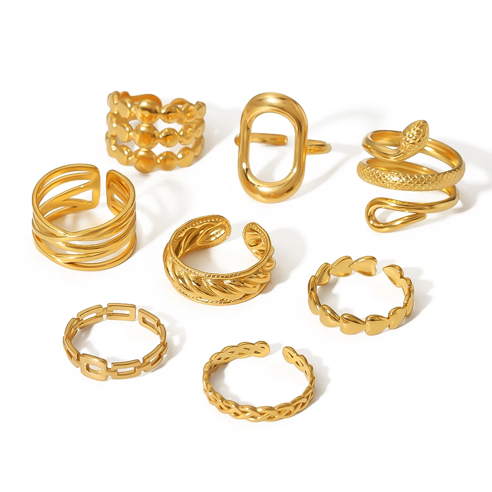 Fashion Jewelry Rings Stainless Steel 18K Gold Plated Hollow Adjustable Ring Women Heart Snake Link Chain Geometric Open Ring