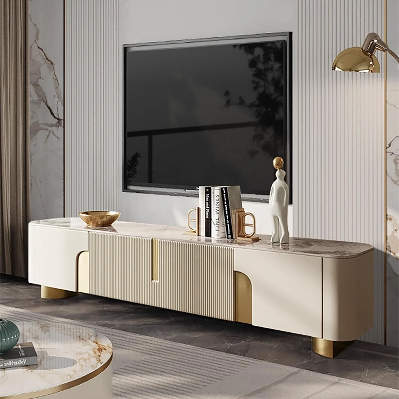 NOVA Modern Hotel Apartment Living Room White Wooden Muebles Tv Stand Sintered Stone Entertainment Center Cabinet Furniture Sets