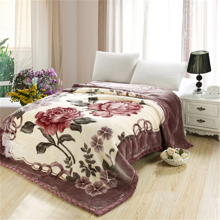 Premium Quality Thick Plush Mink Blanket Korean Style Reversible Printed Flower Bed Raschel Blanket