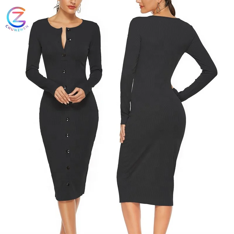 
New Design Casual Knitted Dress Spandex Clothing Elegance Button Front Classic Sexy Night Party Women Dresses 