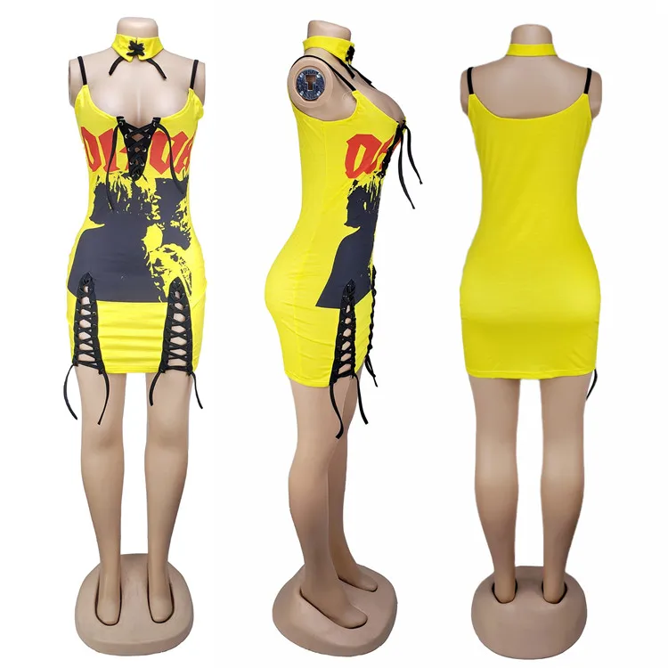 
0320M888 Wholesale Suspender Ladies Casual Summer Sexy Fashion Eyelet Straps Bandage Elegant Short Women Clothing Club Dresses 