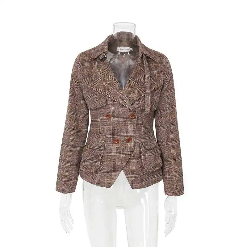 Elegant Coffee Checkered Women Blazer Winter Plaid Jacket Woolen Women's Coat Ladies Blazer Woven 100% Polyester Breathable